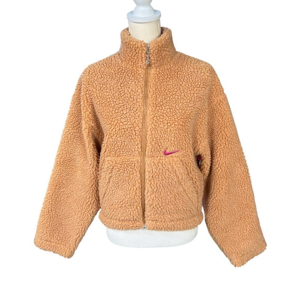 Nike Swoosh Sherpa Full Zip Cropped Jacket Tan Size Small